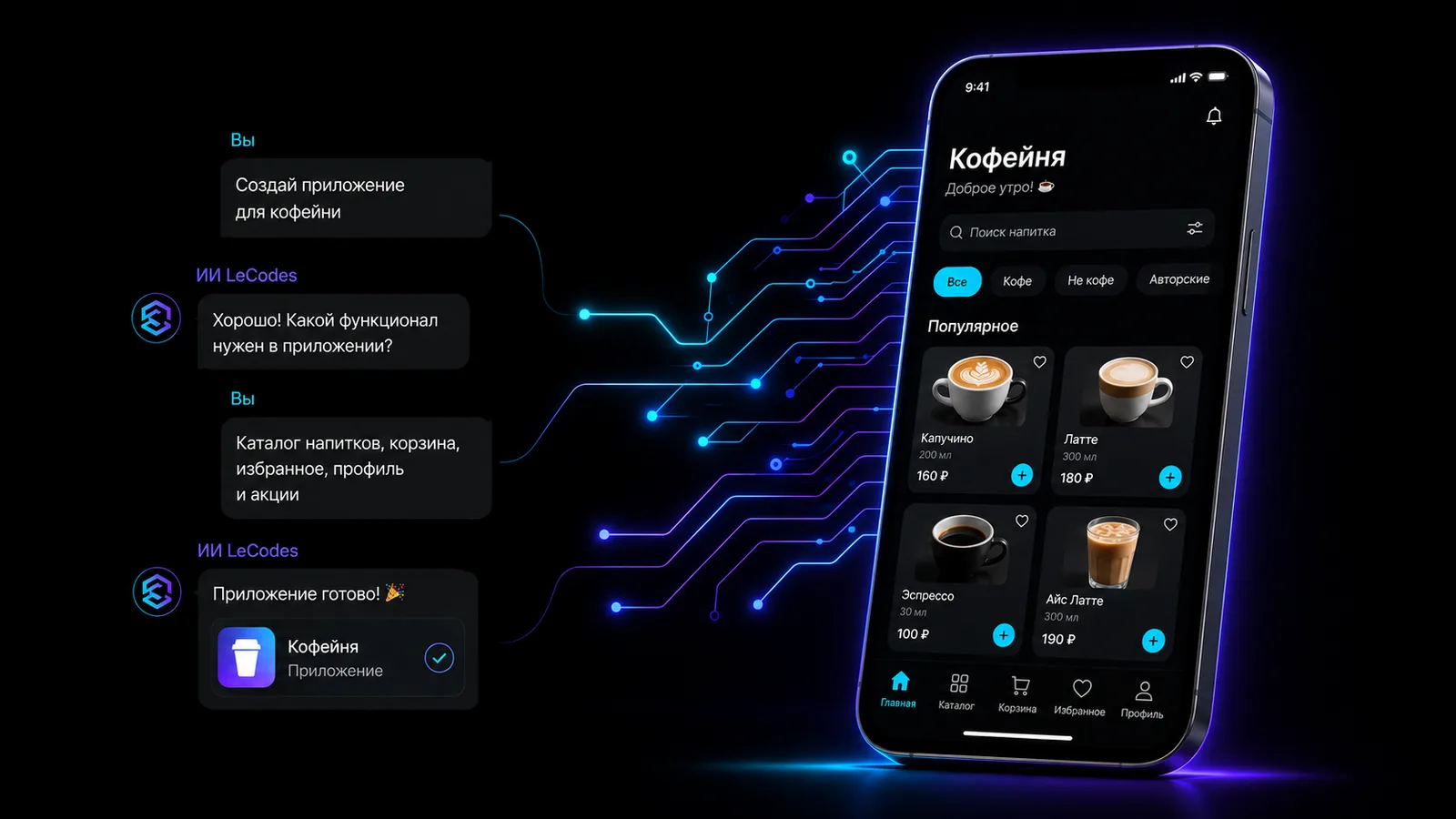 Диалог с ИИ LeCodes и готовое приложение кофейни на телефоне