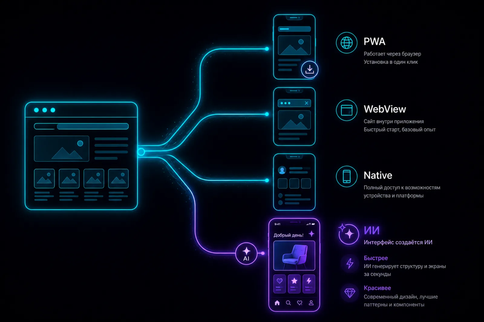 Четыре пути от сайта к приложению — PWA, WebView, Native и ИИ